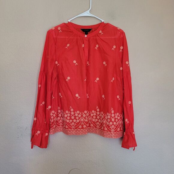 J. Crew Tops - Jcrew Womens Peasant Top Large Long Sleeve Floral Embroidered Boho Henley Orange